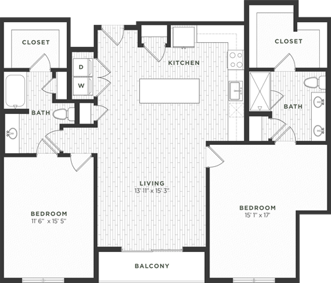 Floor plan for 2 beds, 2 baths, 1360 sqft